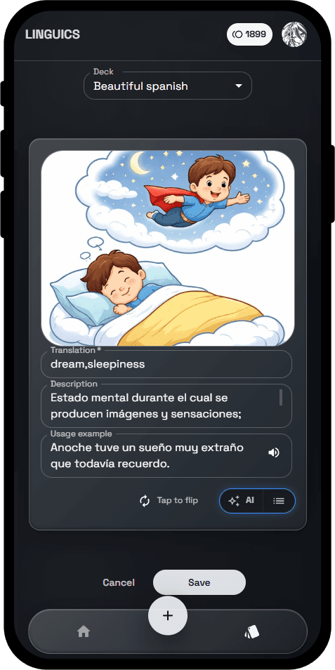 Card creation screen in Linguics